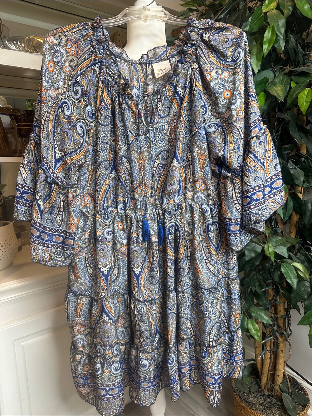 EUC Bold & Beautiful 100% Silk Blue/Orange Paisley Peasant Tunic Mini Dress,L/XL
